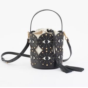 New Rebecca Minkoff Evil Eye Leather Studded Bucket Bag in Black